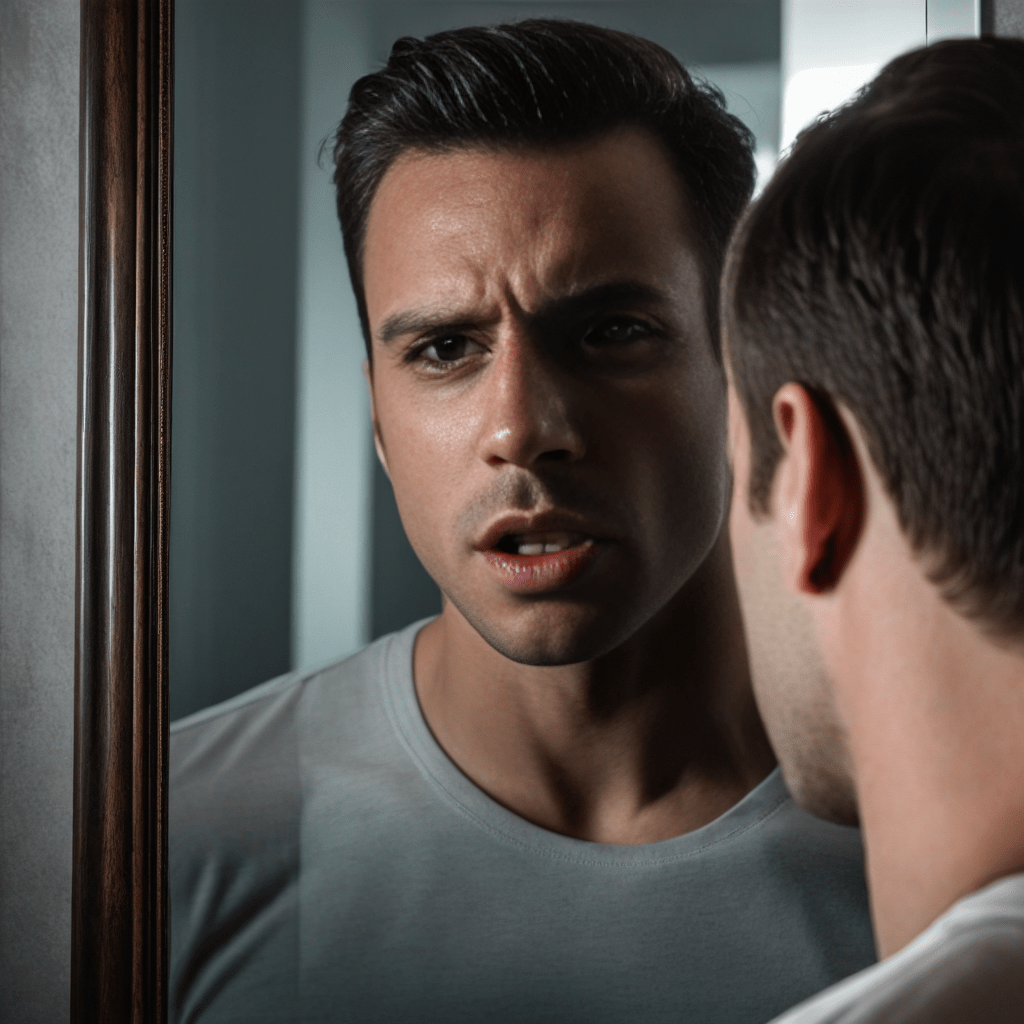 Man looking into a mirror showing fear in his face that is being reflected back.