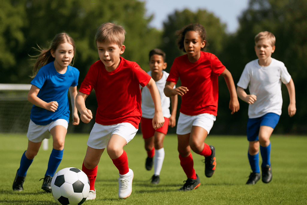 A diverse group of children joyfully playing soccer on a sunny green field, symbolizing focus, playfulness, and clarity amidst everyday noise.