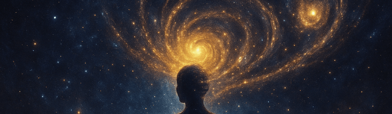 A meditative human silhouette surrounded by spiraling galaxies radiating from the head, symbolizing thought creating universes. Deep blues merge with golden light to evoke consciousness expanding into the cosmos.
