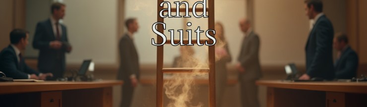 Cinematic image of a wooden ladder fading into clouds of thought, set in a soft office–courtroom environment reminiscent of Suits, symbolizing how assumptions create faulty conclusions
