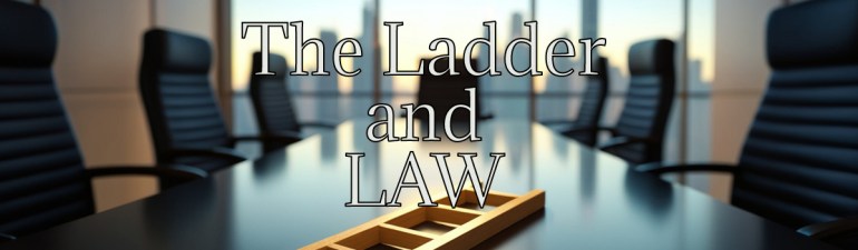 A wooden ladder resting horizontally on a modern conference table with a city skyline blurred behind it, symbolizing intentional thinking and grounded decision-making