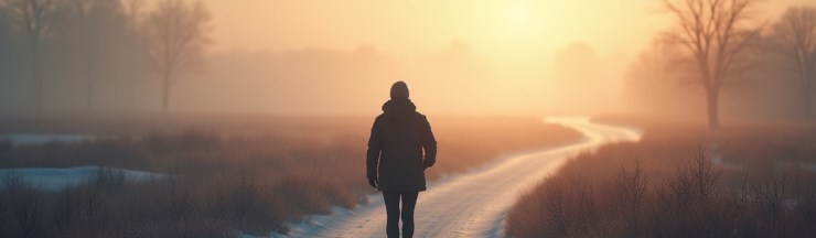 A person standing quietly on a gently curving path at sunrise, symbolizing clarity and a calm new beginning.