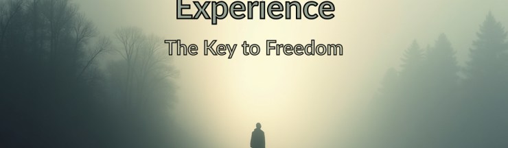 A solitary figure stands at the meeting point of a natural landscape and a softer, abstract space, suggesting the connection between lived experience and inner perception.
