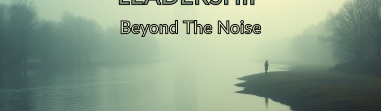 A calm river flowing upstream under soft morning light, with a quiet figure standing peacefully near the riverbank while a blurred city fades into the background, symbolizing clarity and leadership beyond noise.