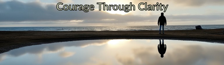 A calm reflective body of water with soft light and a person standing quietly at the edge, symbolizing clarity, pause, and thoughtful response.