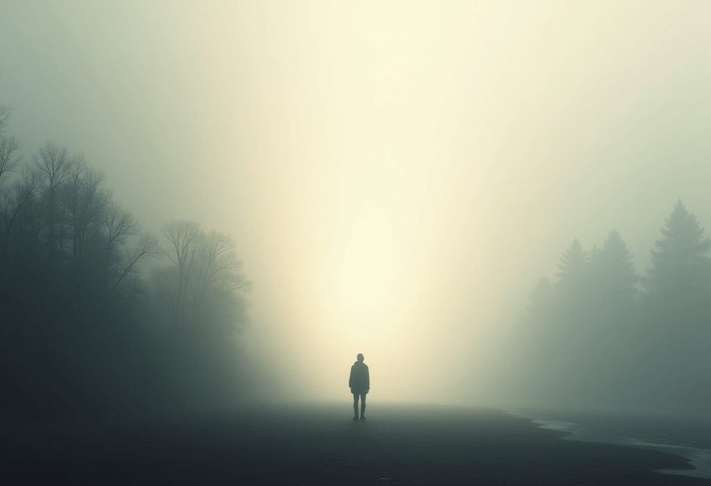 A solitary figure stands at the meeting point of a natural landscape and a softer, abstract space, suggesting the connection between lived experience and inner perception.