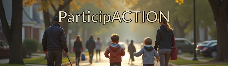 Children and adults moving naturally in a Canadian neighbourhood, with kids playing street hockey and riding bikes while adults walk and talk along a tree-lined street.