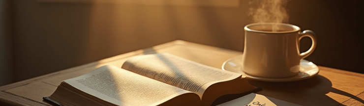 An open Bible and a small booklet titled “Only a Thought” resting on a wooden table in warm morning light, creating a peaceful and reflective setting.