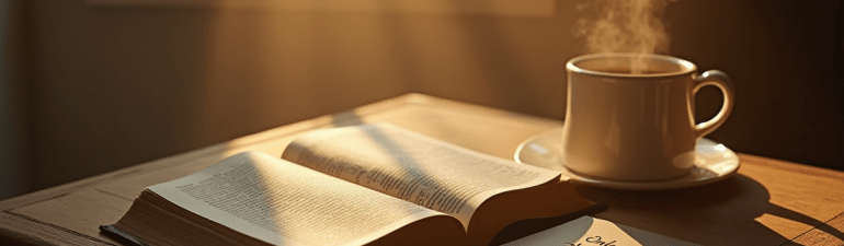An open Bible and a small booklet titled “Only a Thought” resting on a wooden table in warm morning light, creating a peaceful and reflective setting.