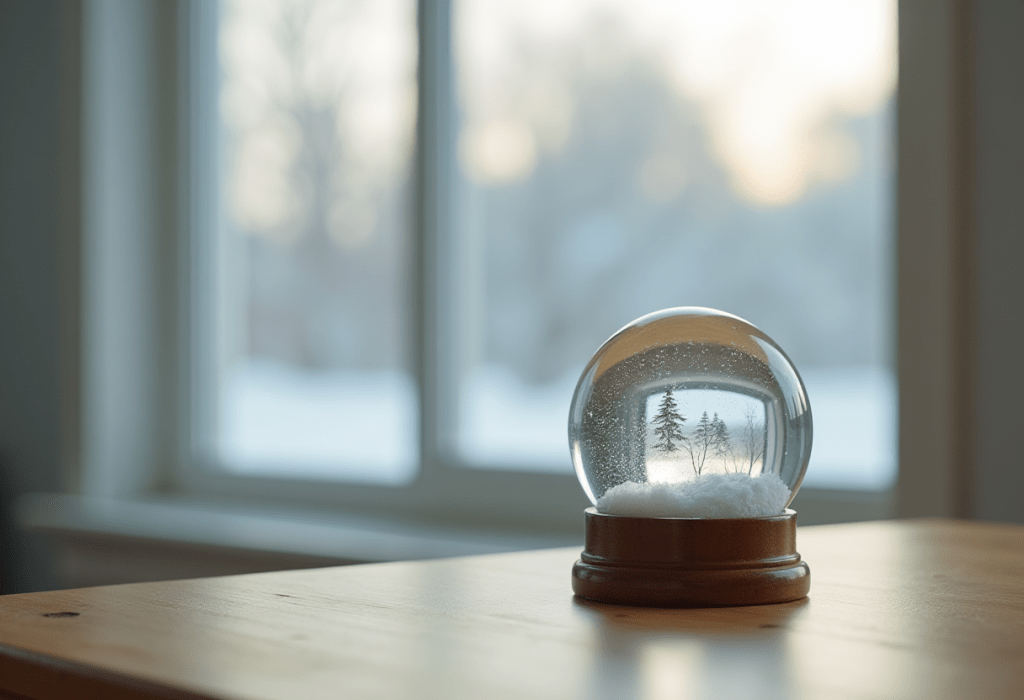 A clear snow globe with settled snow resting on a wooden table near a softly lit window, symbolizing mental clarity without force.