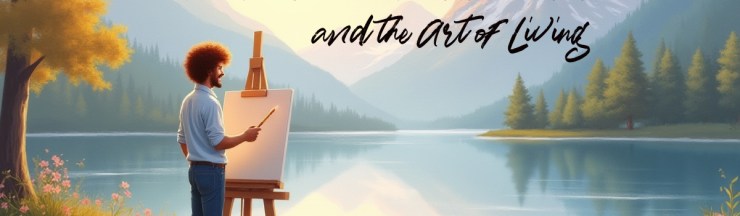 A peaceful Bob Ross–style landscape with an artist painting at an easel, surrounded by soft mountains, trees, and a calm lake, symbolizing life as an unfolding work of art.