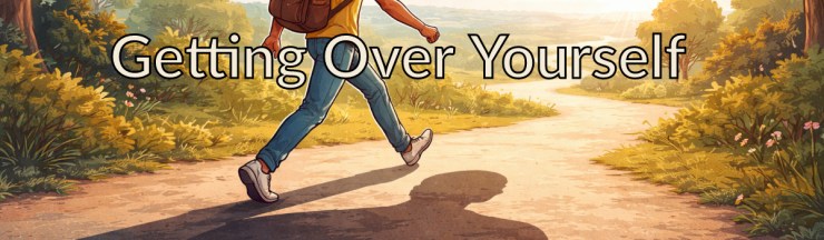 A humorous yet thoughtful illustration of a person stepping over a giant version of their own shadow labeled “self-doubt” or “ego,” walking toward a bright open landscape. The scene has a light, playful tone, slightly whimsical, with soft morning light and a sense of freedom and possibility. Editorial illustration style, warm colours, clean composition, modern blog aesthetic.