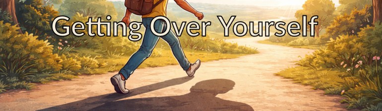 A humorous yet thoughtful illustration of a person stepping over a giant version of their own shadow labeled “self-doubt” or “ego,” walking toward a bright open landscape. The scene has a light, playful tone, slightly whimsical, with soft morning light and a sense of freedom and possibility. Editorial illustration style, warm colours, clean composition, modern blog aesthetic.