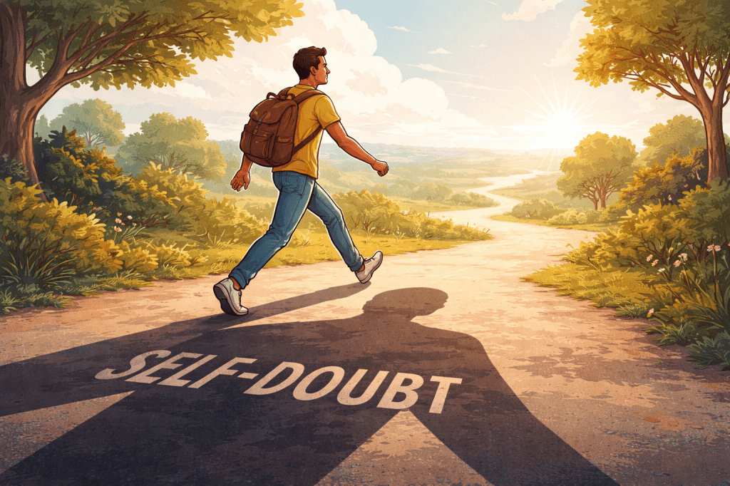 Person stepping over their own shadow representing ego or self-doubt and walking toward an open horizon.