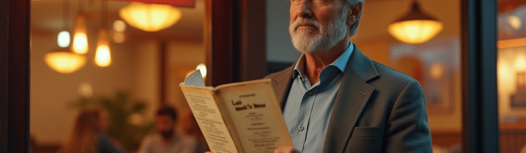 Man standing outside a restaurant comparing an old menu with the restaurant’s new “Today’s Special,” symbolizing how we often rely on past thinking in a constantly changing present.